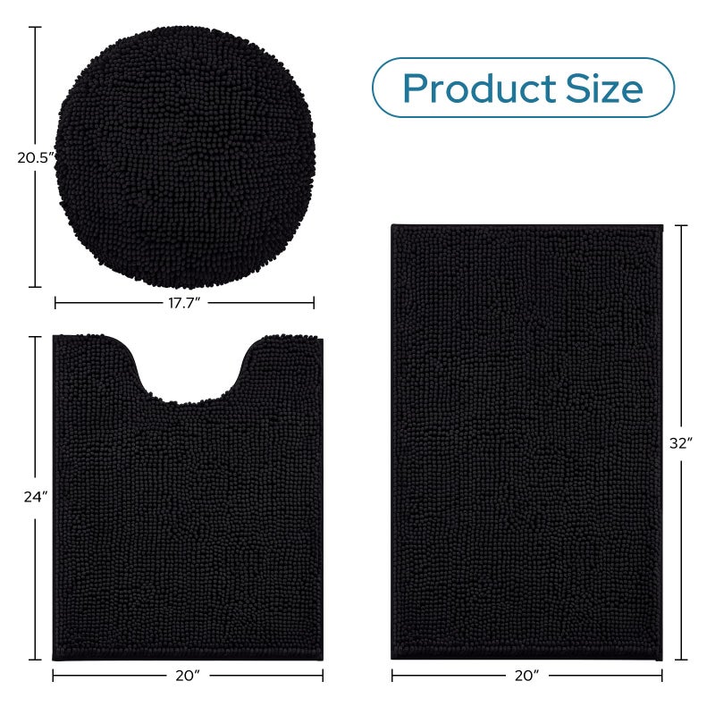 BYSURE Black Bathroom Rugs Sets 3 Piece with Toilet Lid Cover Non Slip Extra Absorbent Plush Chenille Soft Washable Bath Mats - Image 5